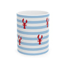 Mug with light blue stripes and small red lobster. Porcelaine