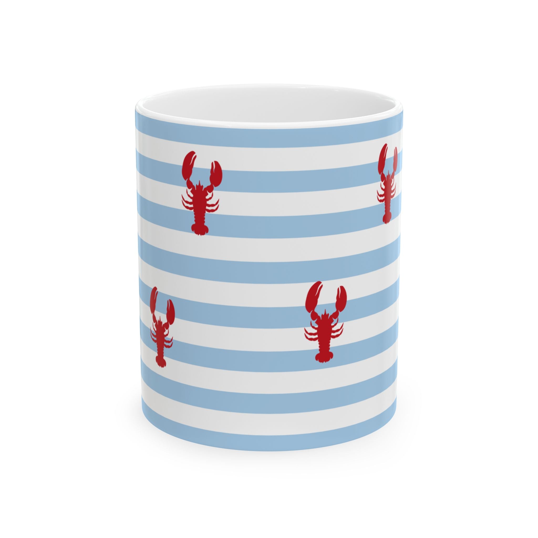 Lobster Striped Ceramic Mug, Nautical Coffee Cup for Seafood Lovers, Summer Gift, Coastal Kitchen Decor, Lobster Lover's Mug