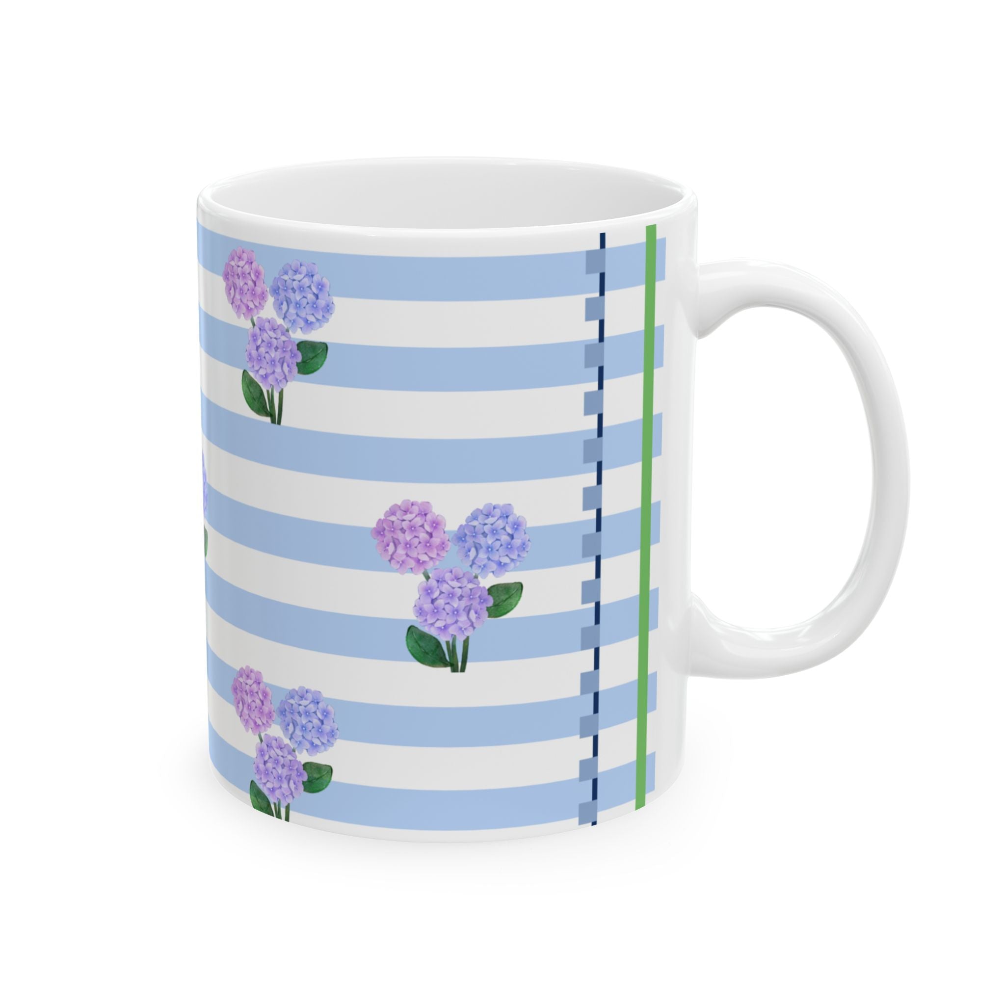 Light Blue Stripe Mug With New England Hydrangea Design