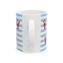 Picture of handle of light blue stripe mug with red lobsters on it
