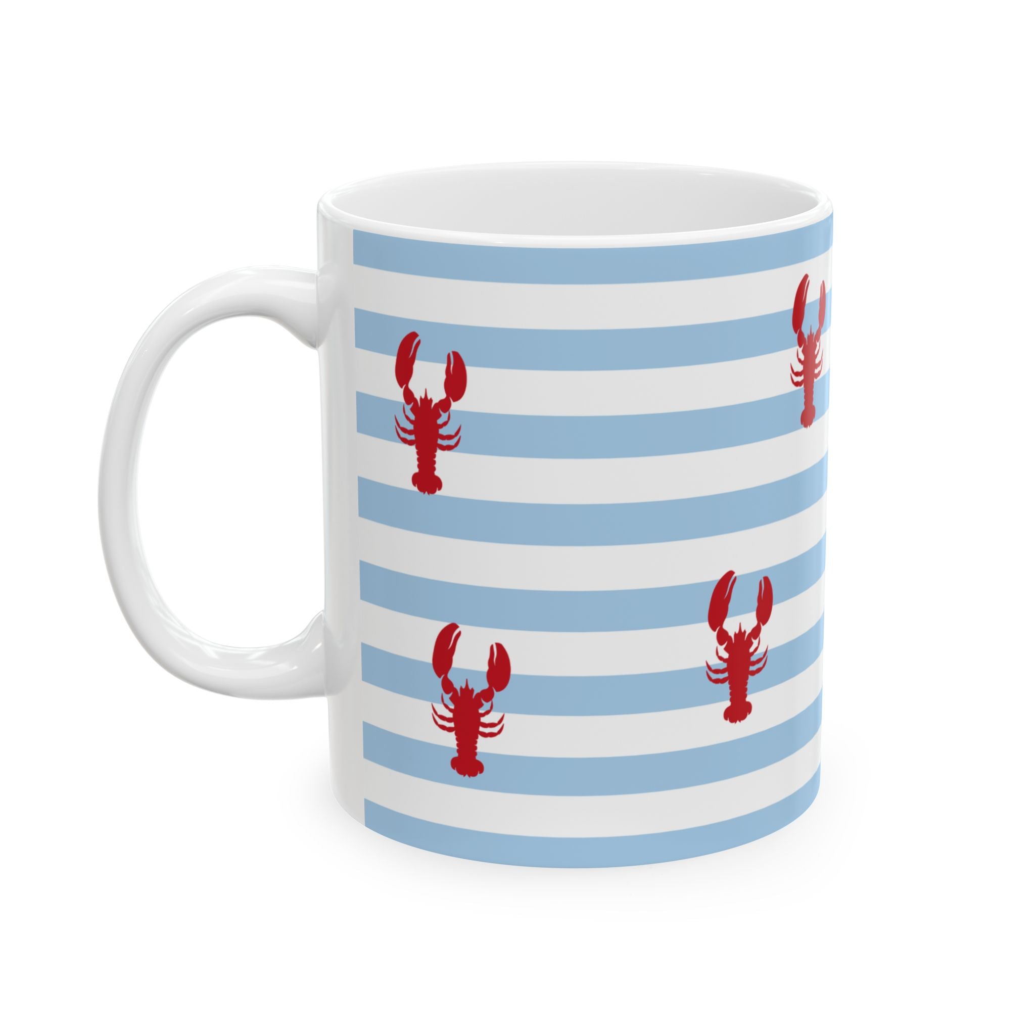 Light blue stripe mug with red lobsters on it.