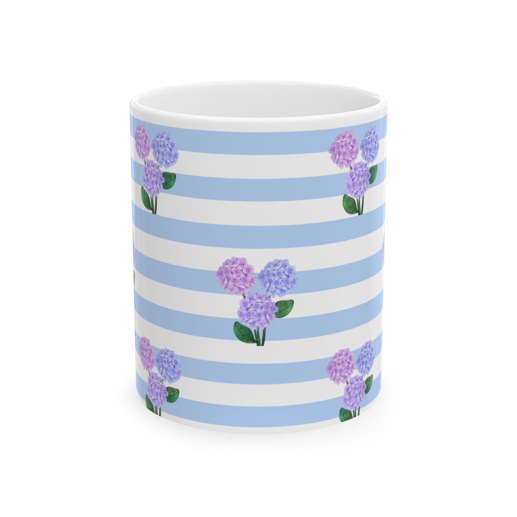 Light Blue Stripe Mug With New England Hydrangea Design