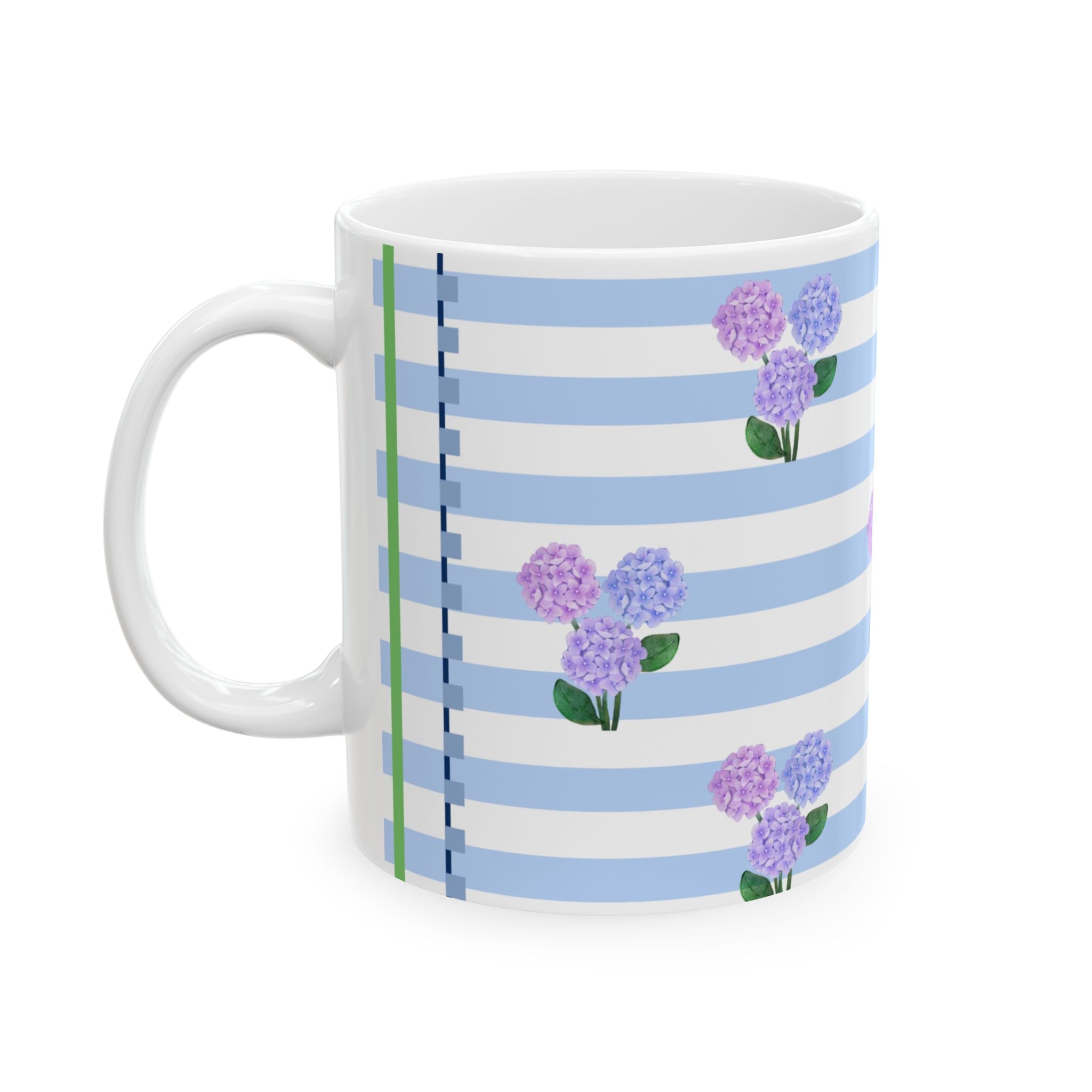 Light Blue Stripe Mug With New England Hydrangea Design