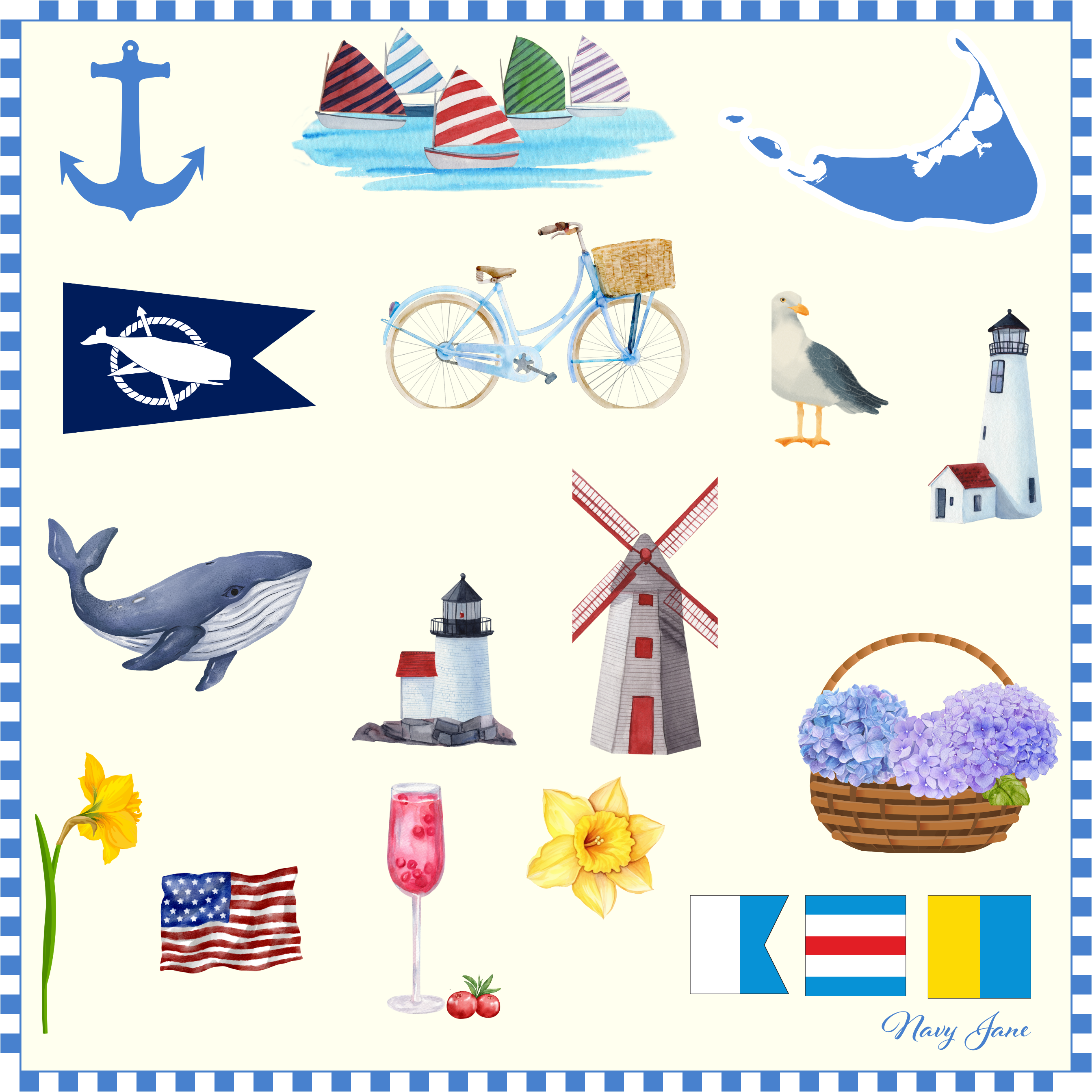 picture of Nantucket scarf close up
hydrangeas, daffodils, whales, anchor, bike, and more images that represent nantucket. 