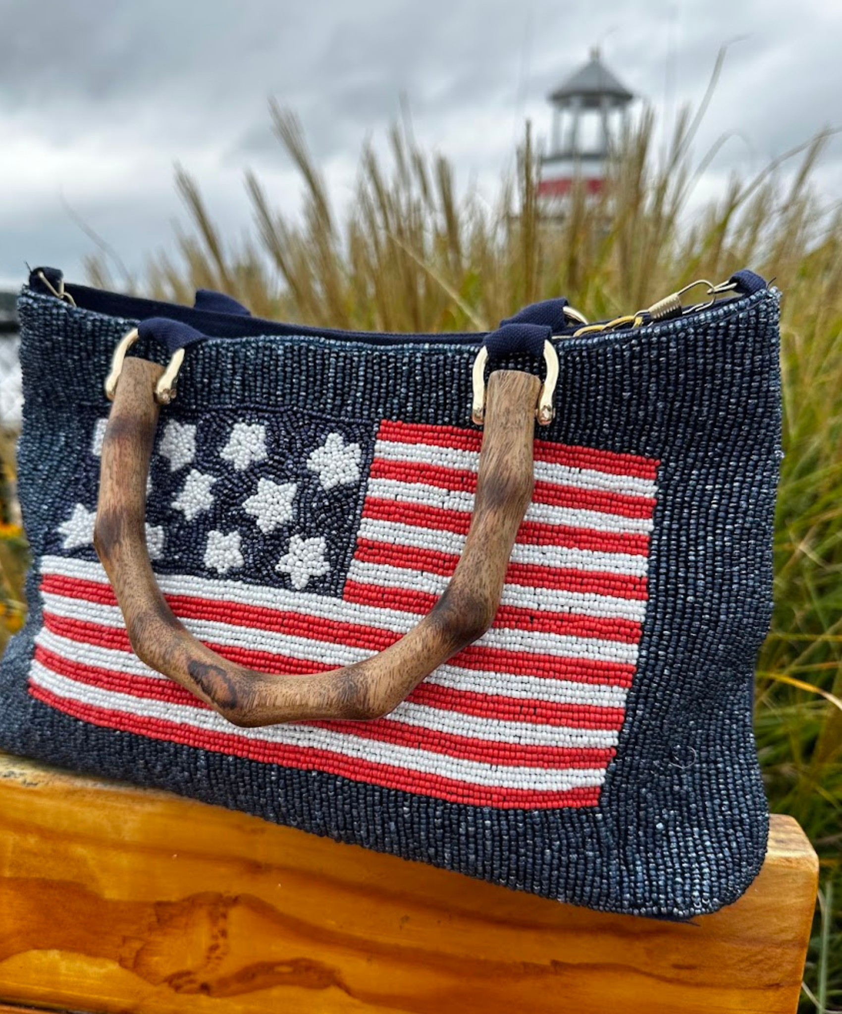 Navy Beaded Purse With American Flag, The Falmouth Bag