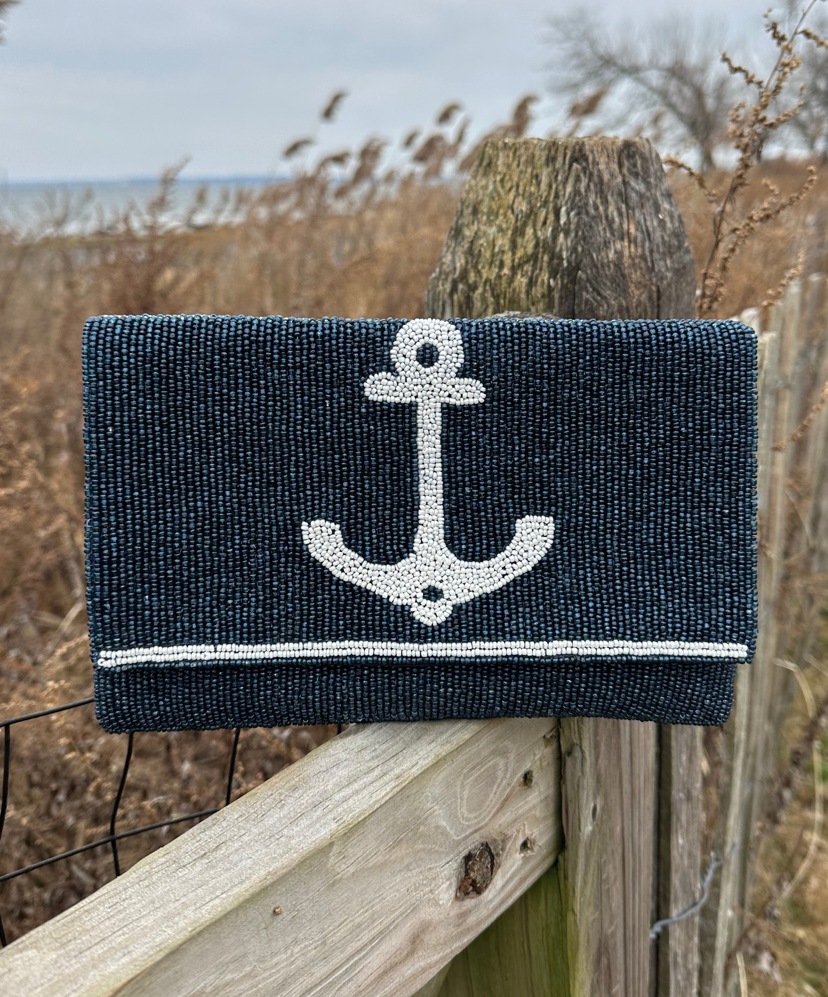 Harbor Blue Beaded Clutch With Anchor Design