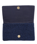 Navy clutch opened to see inside snap and fold over.