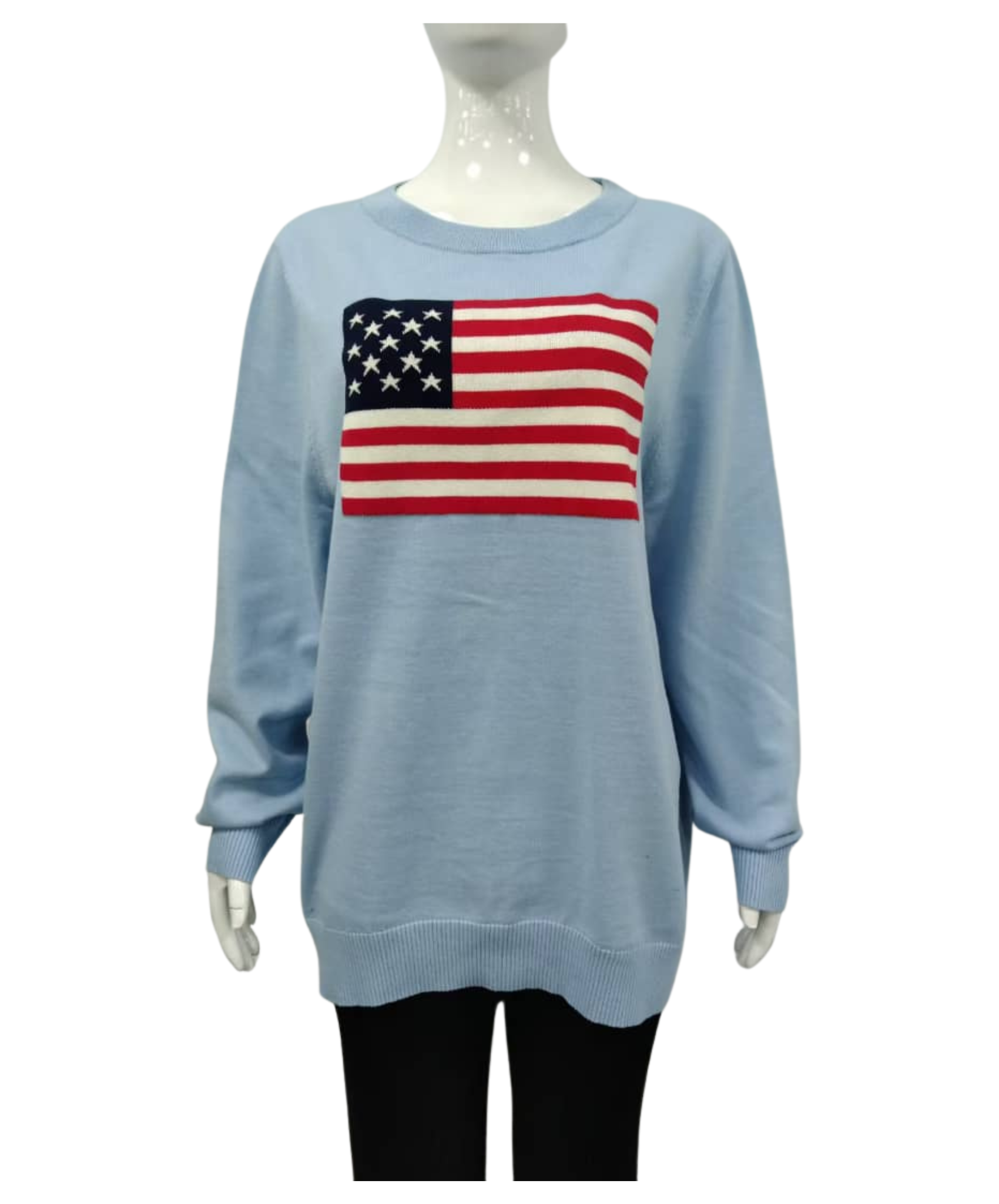 Light Blue American Flag Sweater – 100% Cotton, Classic Patriotic Style