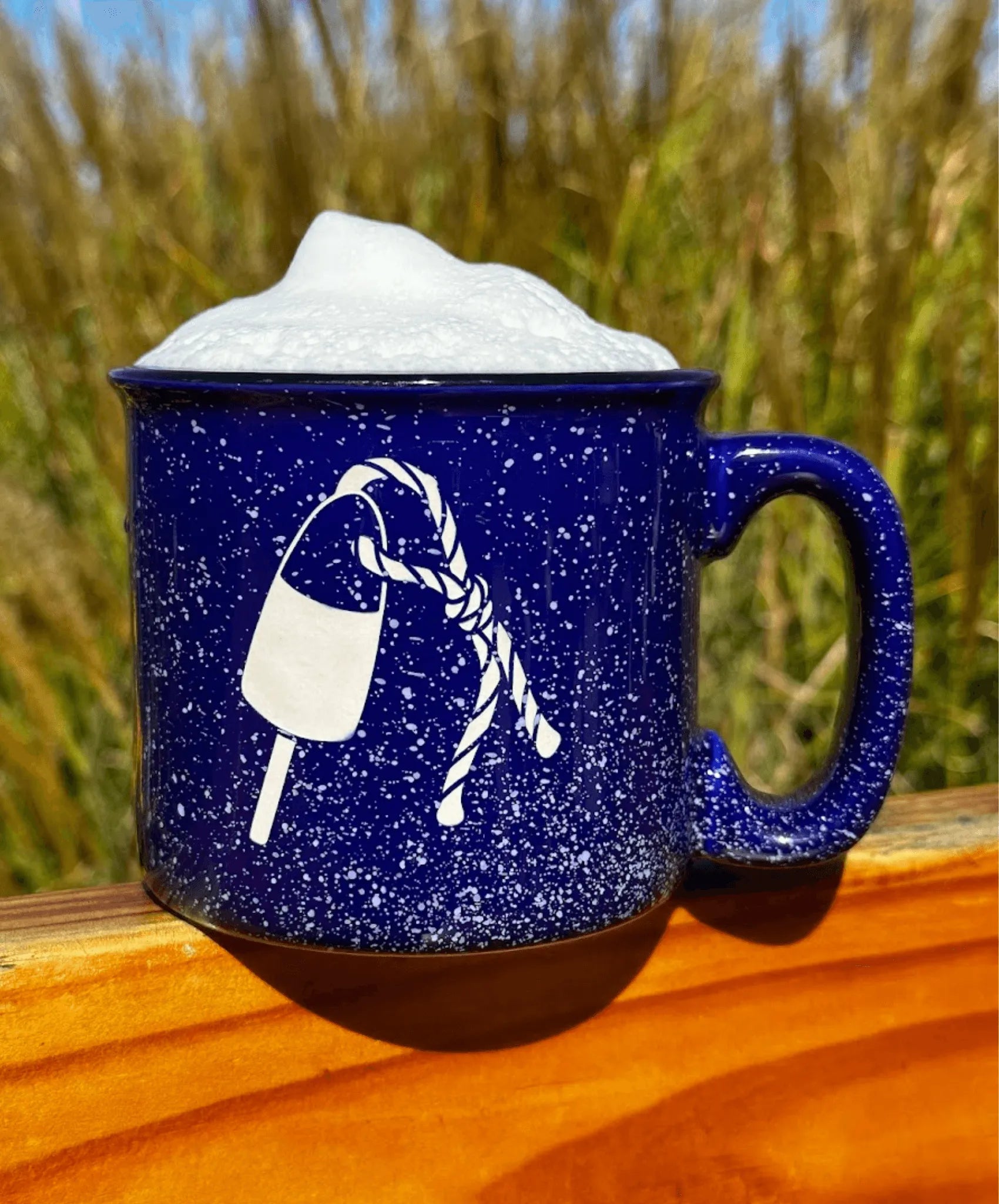 Cobalt Blue Campfire Mug with Lobster Buoy Design – 15 oz Ceramic Mug