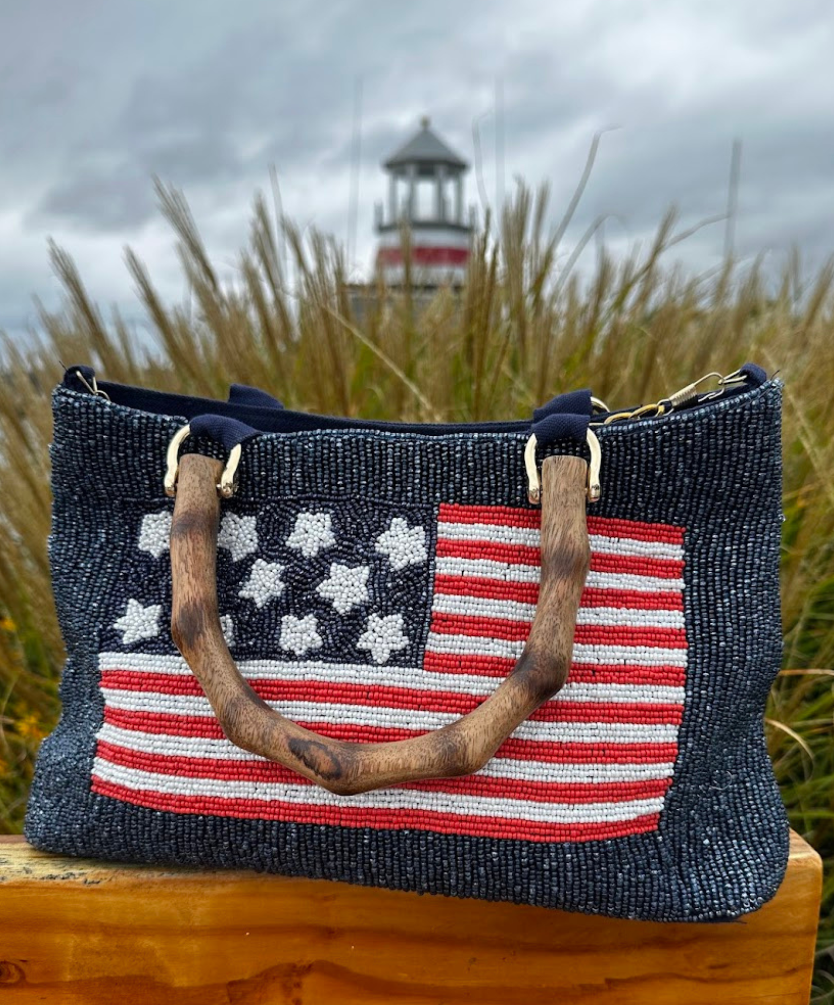 Navy Beaded Purse With American Flag, The Falmouth Bag