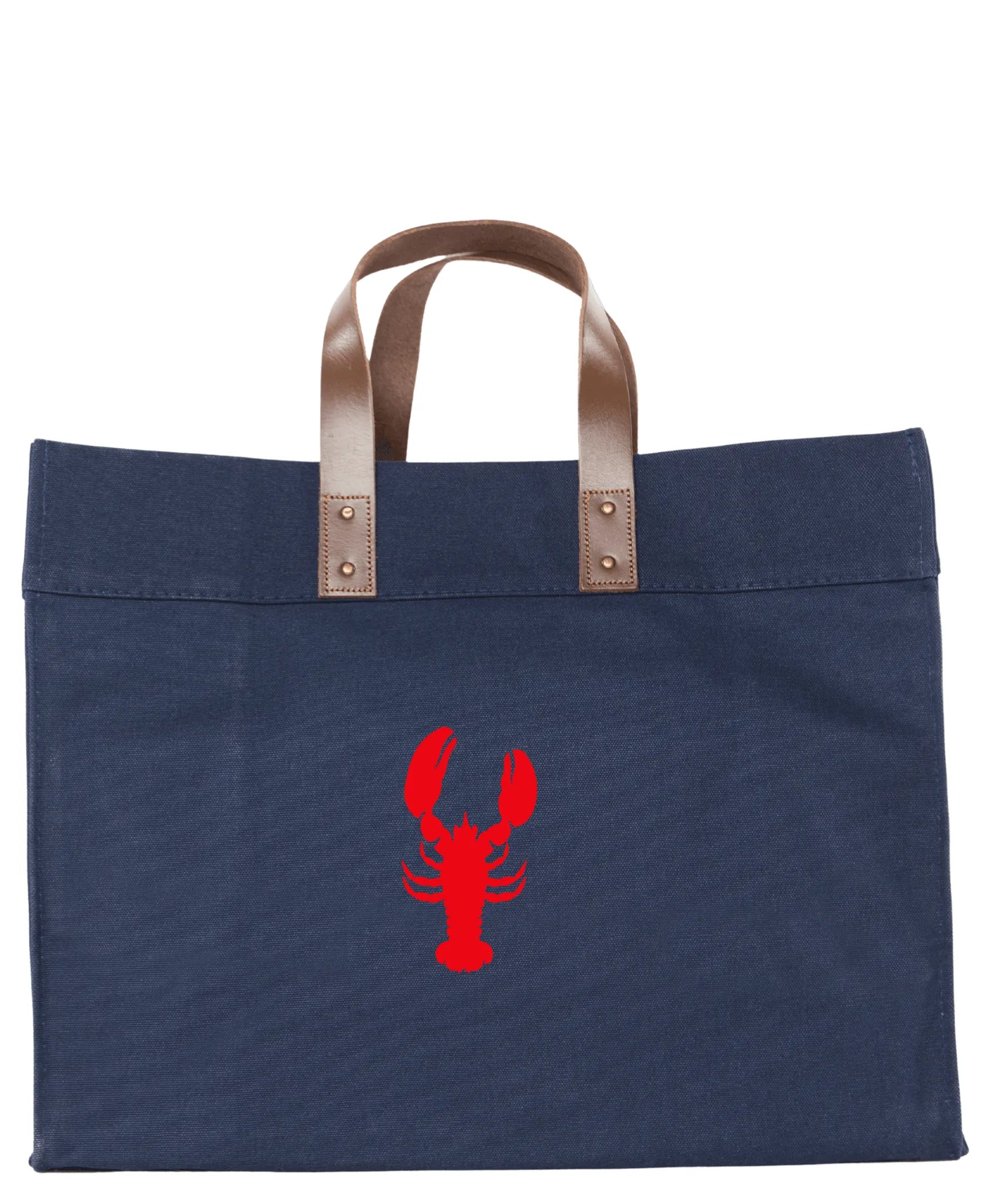 white background.  picture of navy canvas bag with leather strap.  small tote with red lobster on the side. 