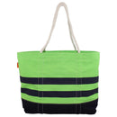 Nautical looking canvas tote bag.  Background of bag is green with 2 navy stripes and bottom quarter of tote  is navy.  Rope handles. 